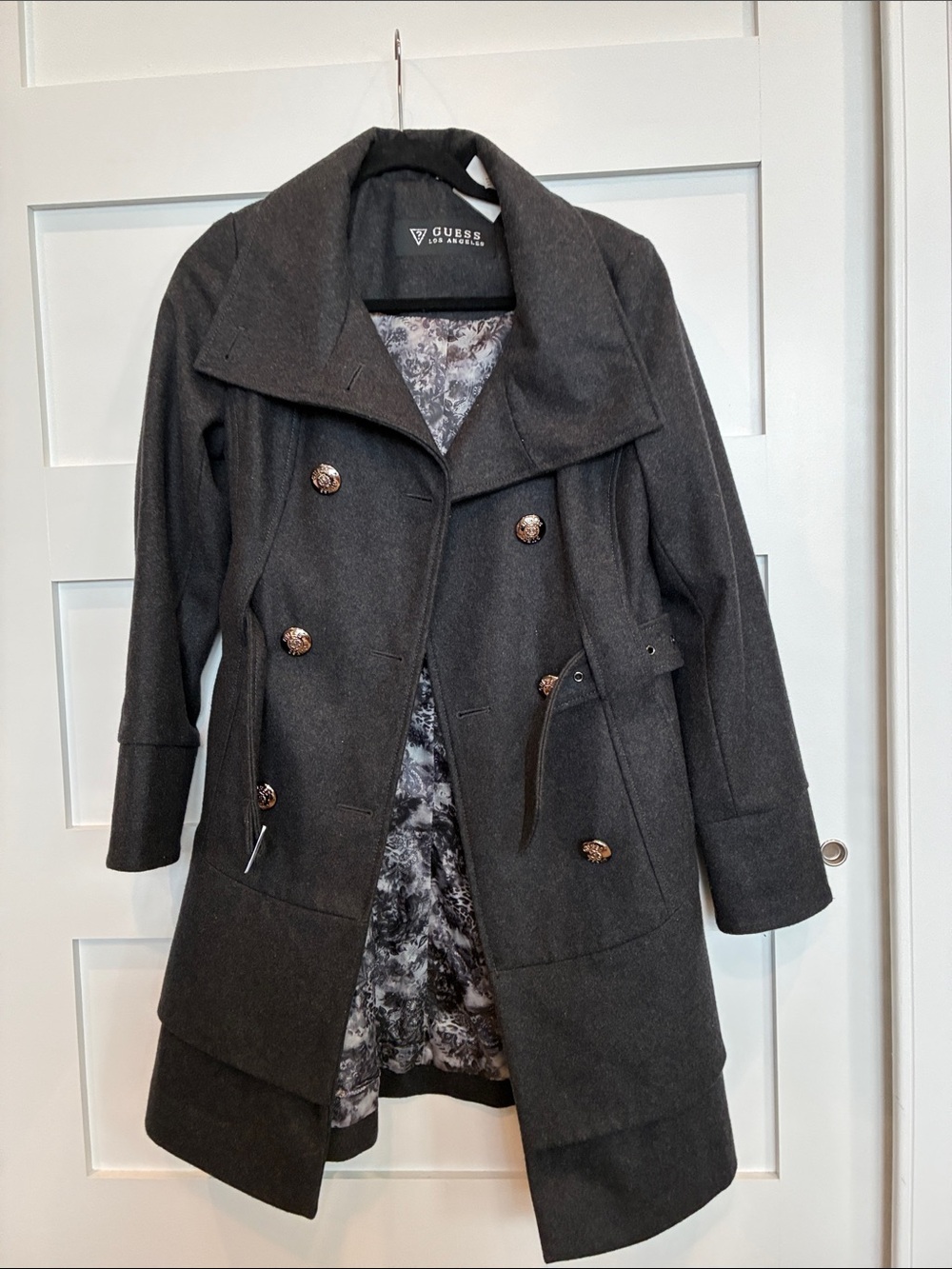 GUESS Charcoal Gray Double-Breasted Trench Coat with Decorative Buttons